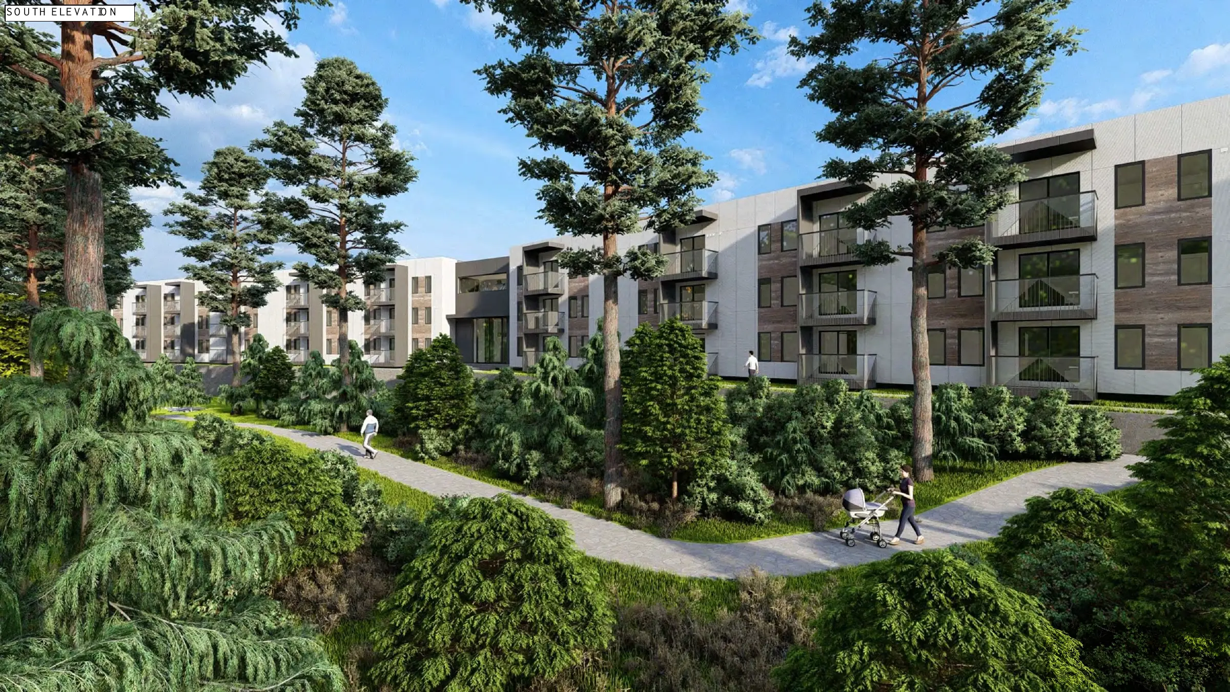 Official architectural rendering of the landscaped Lifestyle Enclave south elevation