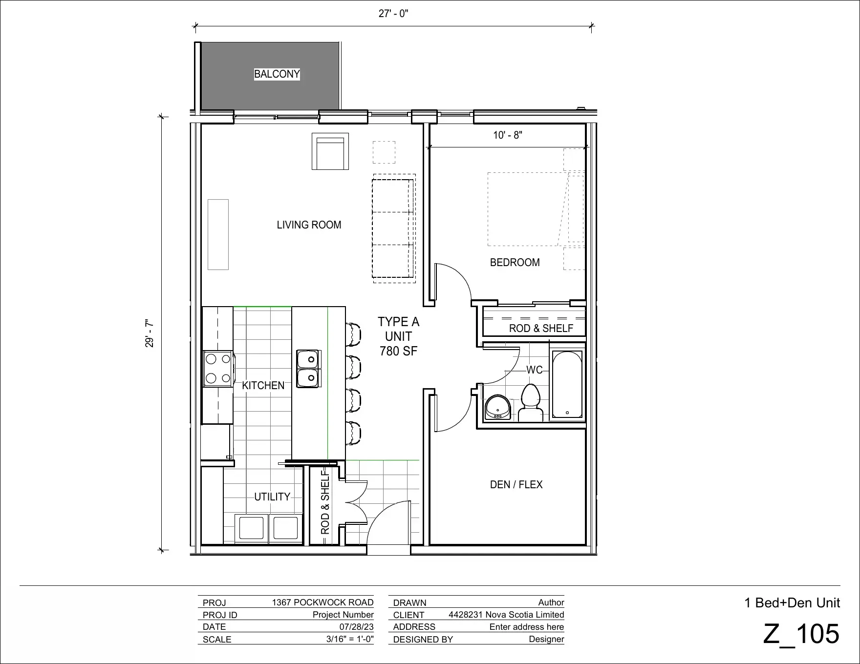 Official Type A one bedroom plus den residence floor plan, 780 square feet