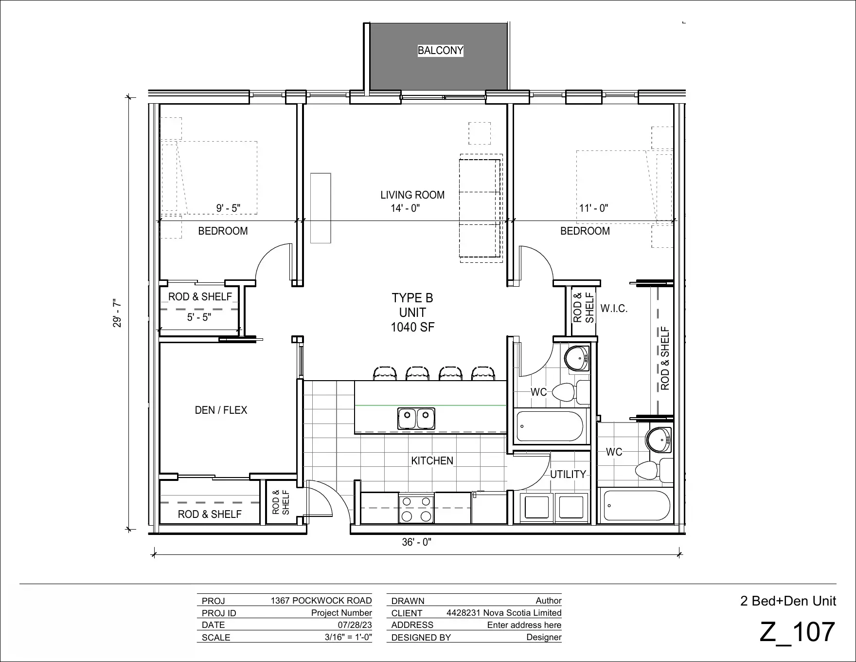 Official Type B two bedroom plus den residence floor plan, 1,040 square feet