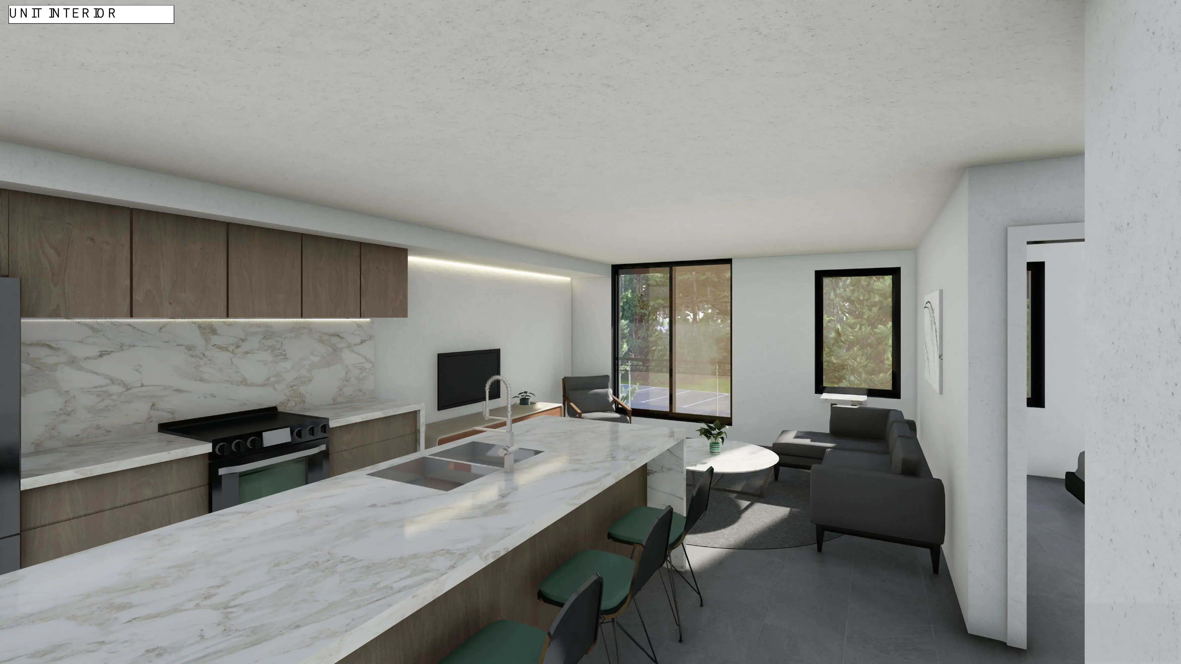 Official architectural rendering of a Lifestyle Enclave unit interior and kitchen