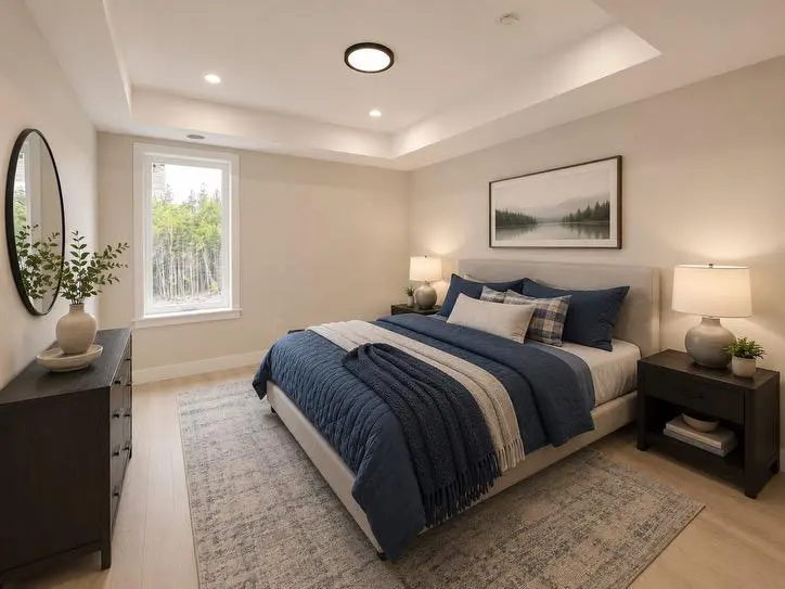 Furnished bedroom with deep-blue bedding