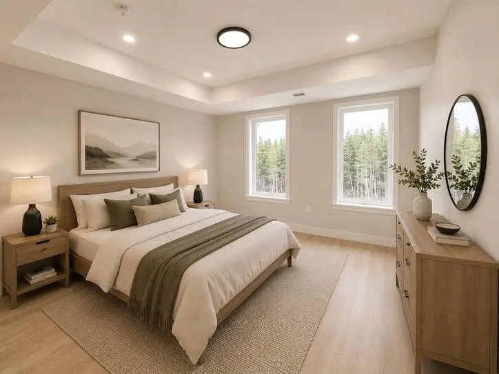 Furnished bedroom in warm neutral tones