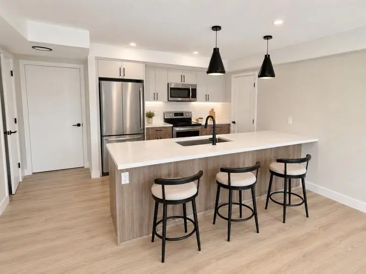 Compact furnished kitchen with island seating