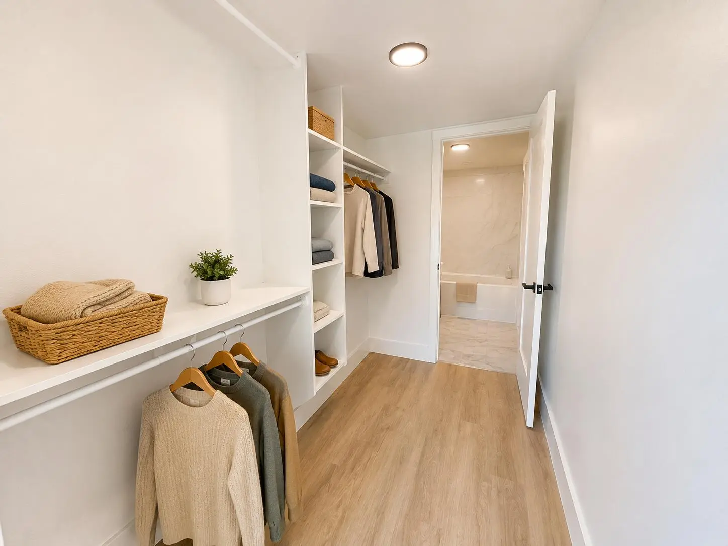 Bright walk-in closet with built-in storage